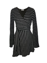 Load image into Gallery viewer, Black and white striped sweater wrap dress
