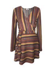 Load image into Gallery viewer, Multi-color striped sweater wrap dress
