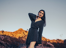 Load image into Gallery viewer, Black and white striped sweater wrap dress
