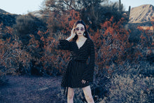 Load image into Gallery viewer, Black and white striped sweater wrap dress