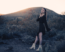 Load image into Gallery viewer, Black and white striped sweater wrap dress