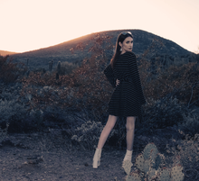 Load image into Gallery viewer, Black and white striped sweater wrap dress