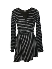 Load image into Gallery viewer, Black and white striped sweater wrap dress
