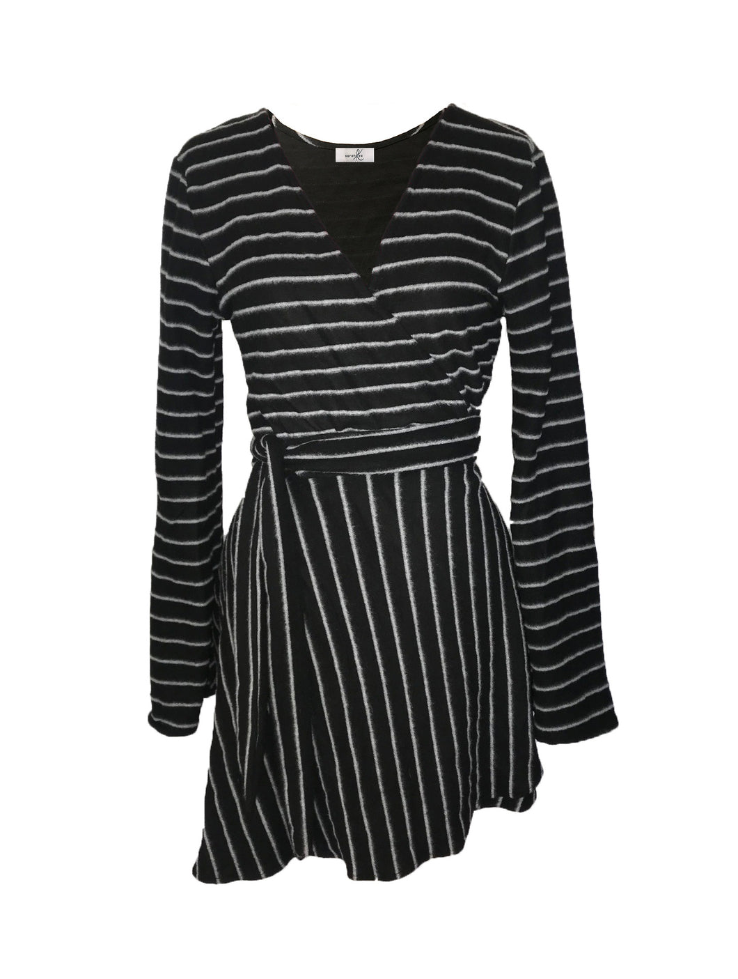 Black and white striped sweater wrap dress
