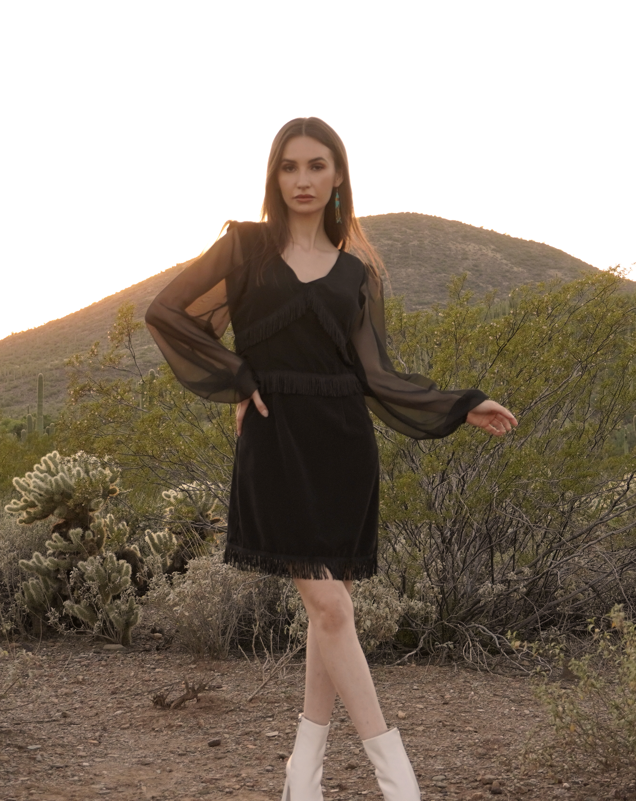 black long sleeve fringe dress JUST IN
