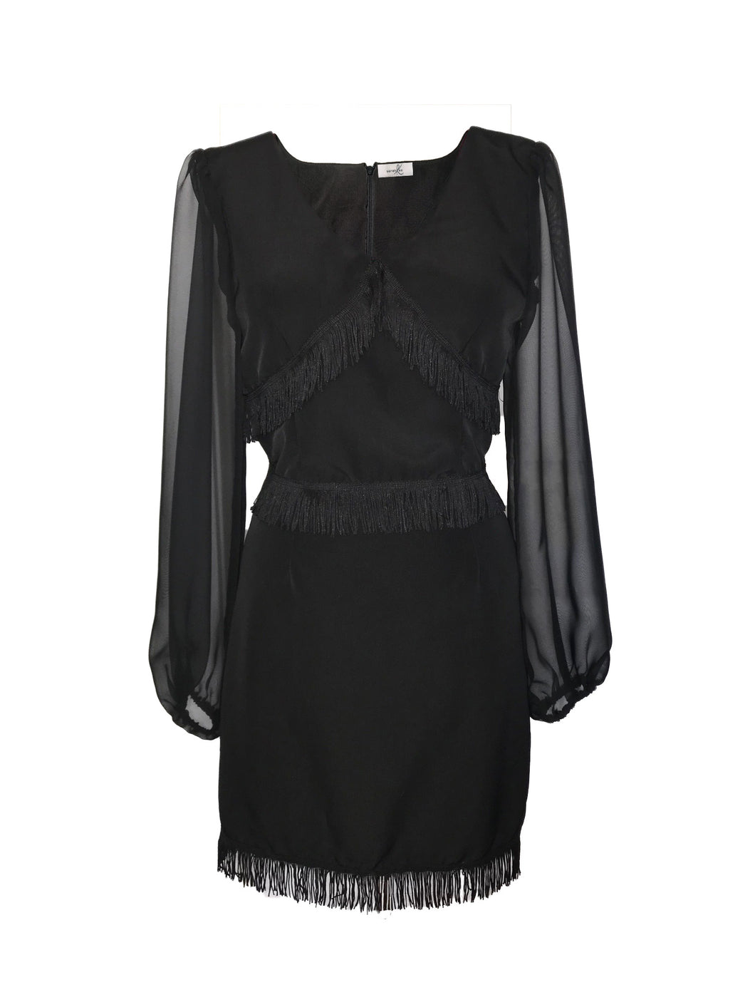 Black fringe long sleeve mini dress
