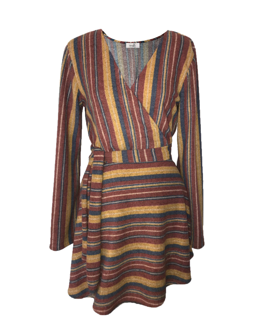 Multi-color striped sweater wrap dress